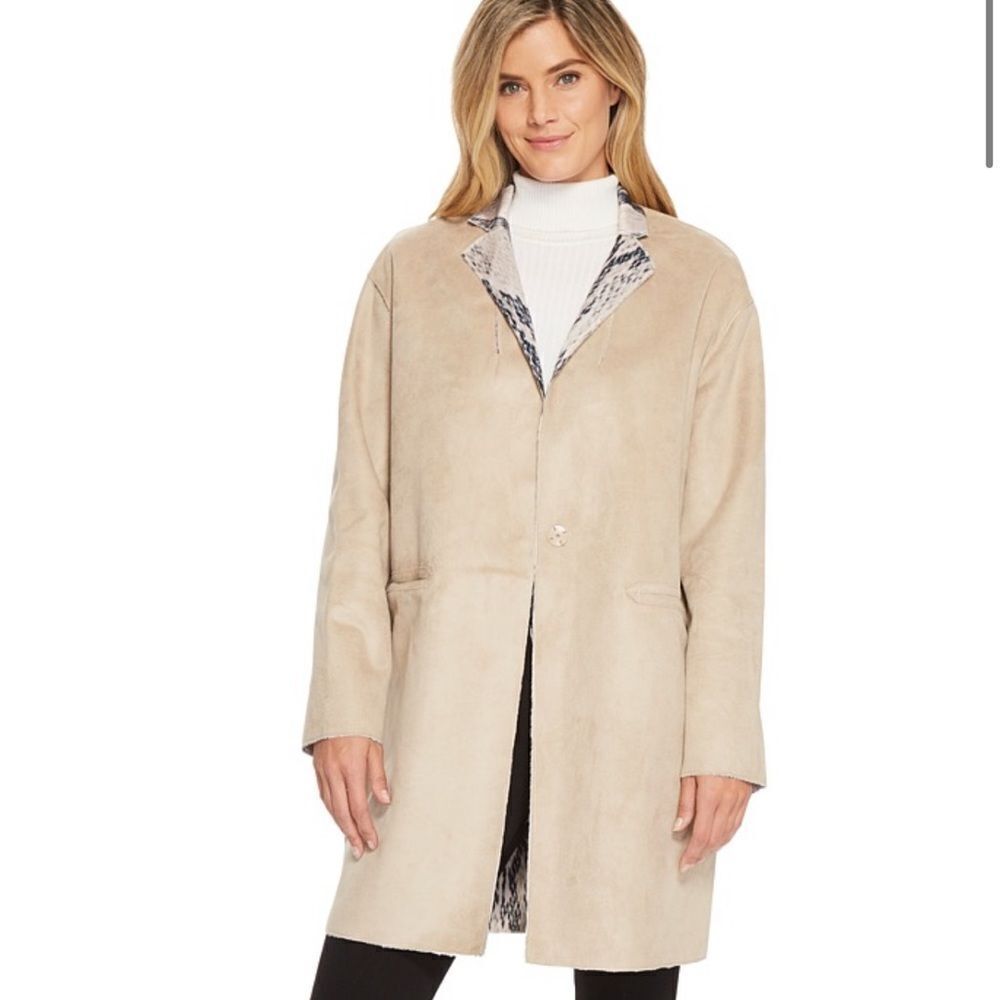Ellen Tracy - Inverted Reverse Printed Fur Coat (Fawn) Women's Coat